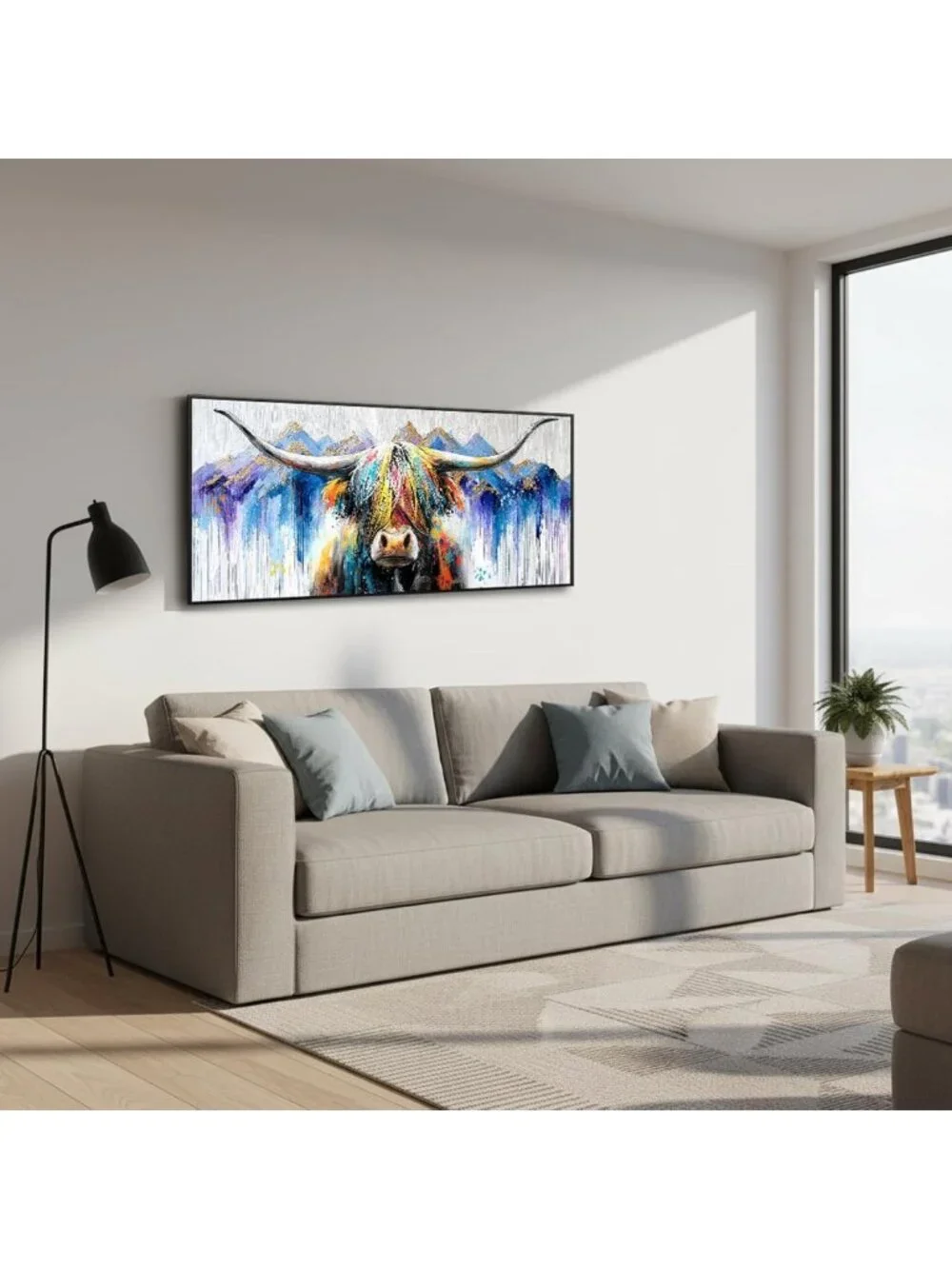 Highland Cow Wall Art - Abstract Framed Canvas Print with Mountain Scene 20x48